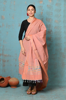  Tyohaar ~ Handloom Pure Cotton Paithani Dupatta With Beautiful Handweave and Tassels ~ Peach