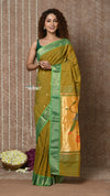 Tyohaar ~ Handloom Pure Cotton Paithani Saree with Traditional Parrot Pallu ~ Dual Tone Green Yellow