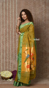 Tyohaar ~ Handloom Pure Cotton Paithani Saree with Traditional Parrot Pallu ~ Dual Tone Green Yellow