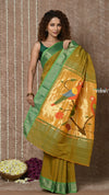 Tyohaar ~ Handloom Pure Cotton Paithani Saree with Traditional Parrot Pallu ~ Dual Tone Green Yellow