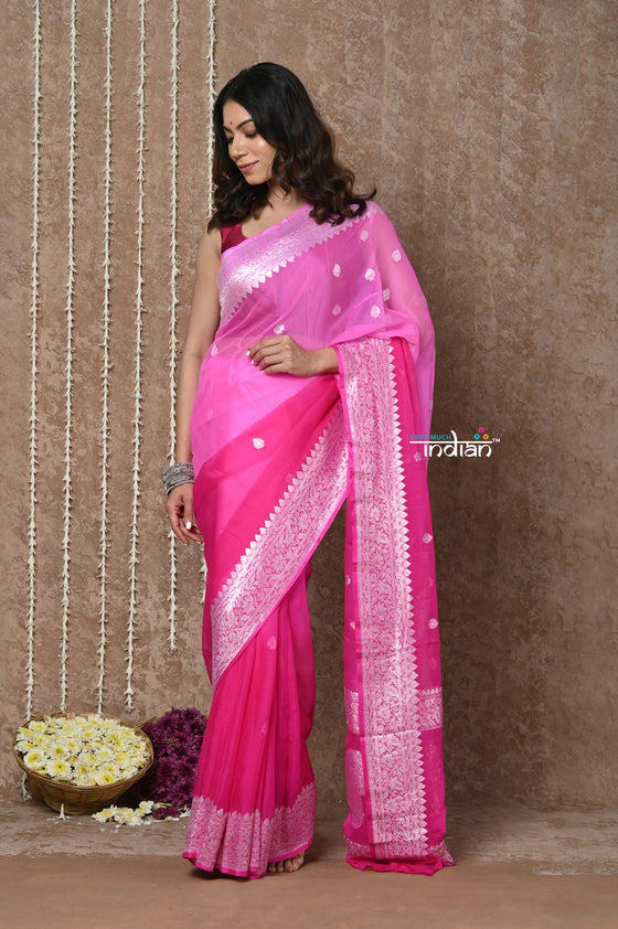 Handloom Khaddi Georgette Saree With Sleek Border ~ Ombre Pink (Silk Mark)