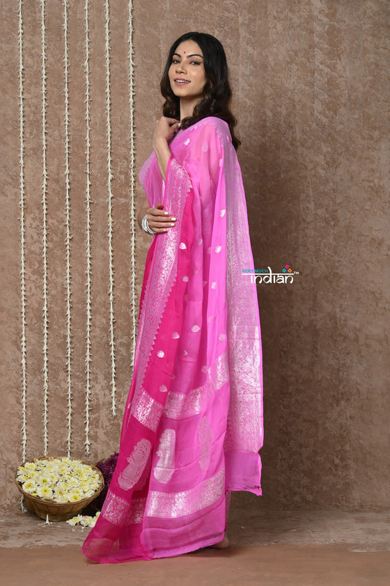 Handloom Khaddi Georgette Saree With Sleek Border ~ Ombre Pink (Silk Mark)