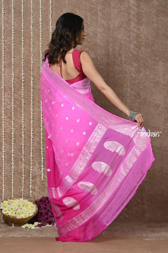 Handloom Khaddi Georgette Saree With Sleek Border ~ Ombre Pink (Silk Mark)