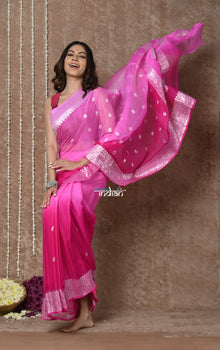  Handloom Khaddi Georgette Saree With Sleek Border ~ Ombre Pink (Silk Mark)