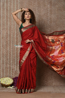  Tyohaar ~ Exclusive! Handloom Pure Cotton Paithani in Most Traditional Maroon with Pichwai Pallu