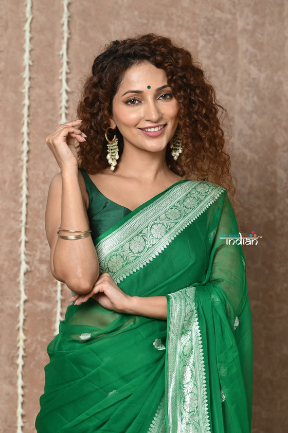 Handloom Khaddi Georgette Saree With Sleek Border ~ Dark Green (Silk Mark)