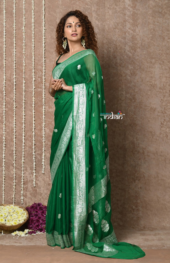 Handloom Khaddi Georgette Saree With Sleek Border ~ Dark Green (Silk Mark)