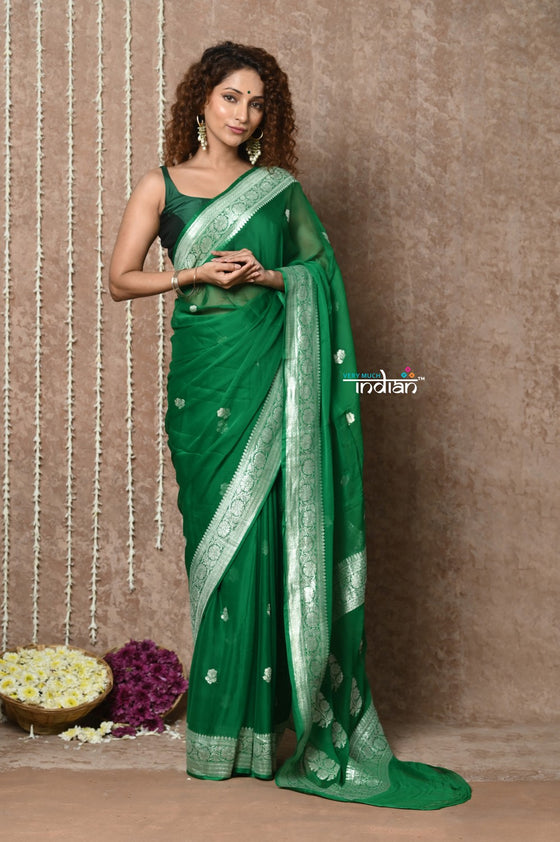 Handloom Khaddi Georgette Saree With Sleek Border ~ Dark Green (Silk Mark)