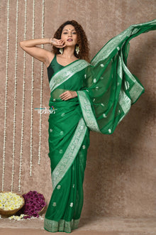  Handloom Khaddi Georgette Saree With Sleek Border ~ Dark Green (Silk Mark)