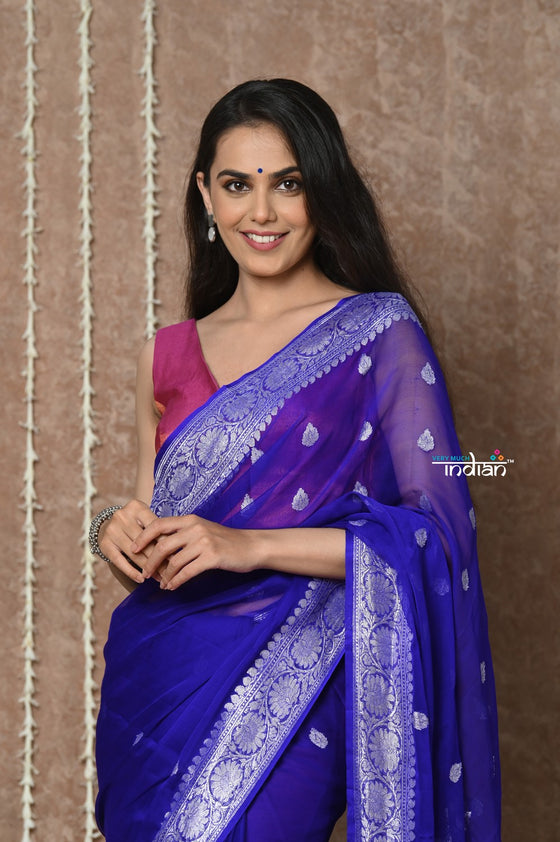 Tyohaar ~ Handloom Pure Khaddi Georgette Saree With Sleek Border ~ Royal Blue (Silk Mark)