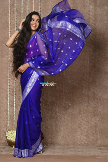  Tyohaar ~ Handloom Pure Khaddi Georgette Saree With Sleek Border ~ Royal Blue (Silk Mark)