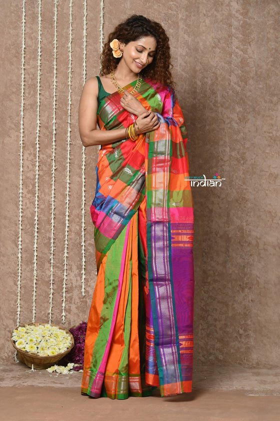 Tyohaar ~ Signature Weave! Handloom Pure Silk Paithani Saree with Exclusive Nath Pallu ~ Multicolor (By Government Certified Weavers)