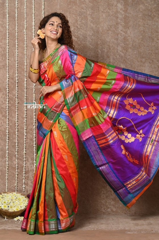 Tyohaar ~ Signature Weave! Handloom Pure Silk Paithani Saree with Exclusive Nath Pallu ~ Multicolor (By Government Certified Weavers)