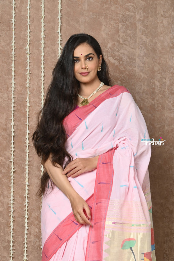 Tyohaar ~ Handloom Pure Cotton Muniya Border Paithani Saree with Traditional Pichwai Pallu ~ Blush Pink