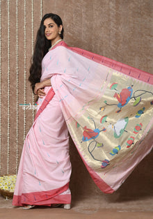  Tyohaar ~ Handloom Pure Cotton Muniya Border Paithani Saree with Traditional Pichwai Pallu ~ Blush Pink