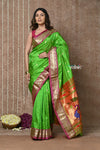 Bestseller Tyohaar ~ Handloom Pure Silk Paithani Saree with Exclusive Peacock Lotus Pallu ~ Leaf Green