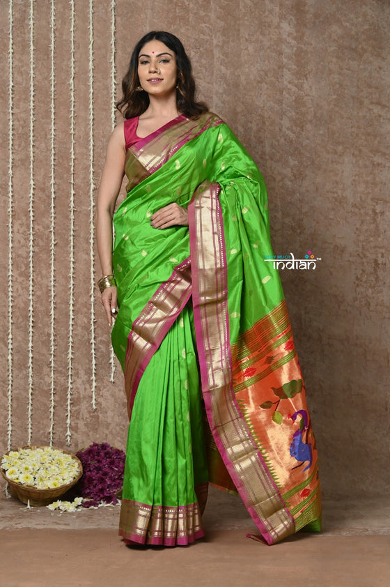 Bestseller Tyohaar ~ Handloom Pure Silk Paithani Saree with Exclusive Peacock Lotus Pallu ~ Leaf Green