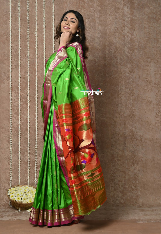 Bestseller Tyohaar ~ Handloom Pure Silk Paithani Saree with Exclusive Peacock Lotus Pallu ~ Leaf Green