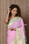 Tyohaar ~ Handloom Pure Cotton Silver Zari Muniya Border Paithani Saree with Traditional Peacock Pallu ~ Fresh Pink