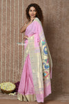 Tyohaar ~ Handloom Pure Cotton Silver Zari Muniya Border Paithani Saree with Traditional Peacock Pallu ~ Fresh Pink