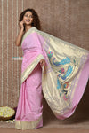 Tyohaar ~ Handloom Pure Cotton Silver Zari Muniya Border Paithani Saree with Traditional Peacock Pallu ~ Fresh Pink