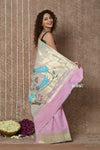 Tyohaar ~ Handloom Pure Cotton Silver Zari Muniya Border Paithani Saree with Traditional Peacock Pallu ~ Fresh Pink