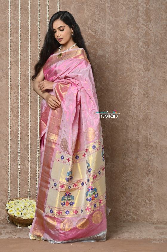 Tyohaar ~ Signature Weave! Handloom Pure Silk Maharani Paithani Saree with Exclusive Maharani Pallu ~ Pink & Golden