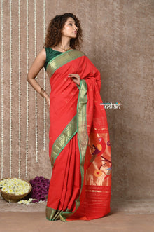  Tyohaar ~Handloom Pure Cotton Paithani Saree with Traditional Parrot Pallu ~ Bright Red