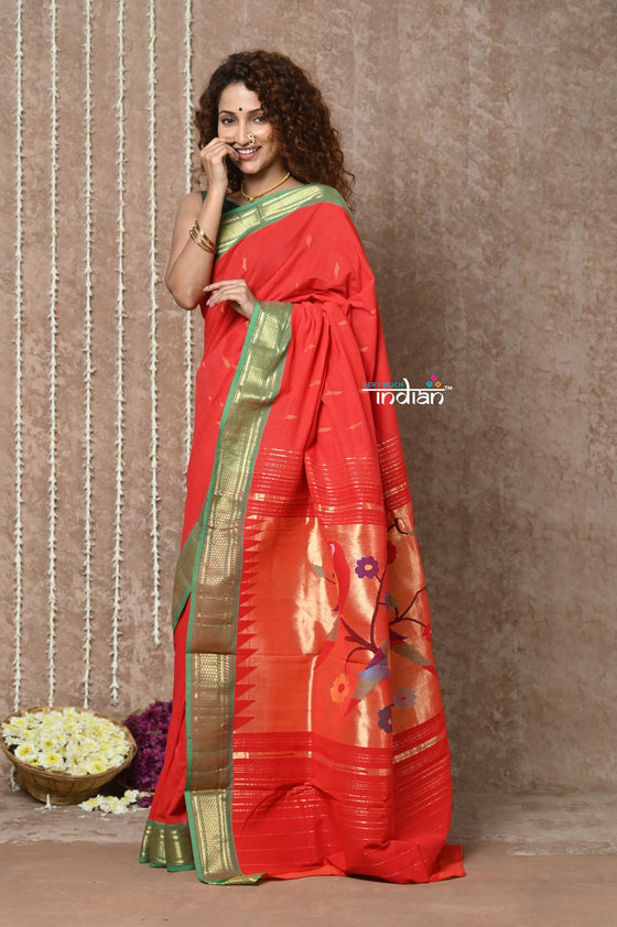 Tyohaar ~Handloom Pure Cotton Paithani Saree with Traditional Parrot Pallu ~ Bright Red