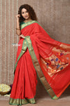 Tyohaar ~Handloom Pure Cotton Paithani Saree with Traditional Parrot Pallu ~ Bright Red