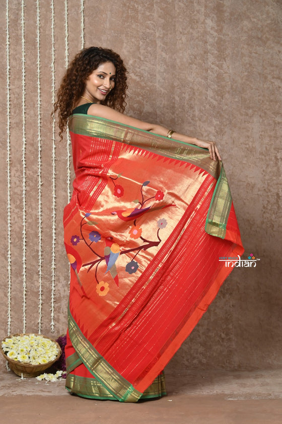 Tyohaar ~Handloom Pure Cotton Paithani Saree with Traditional Parrot Pallu ~ Bright Red