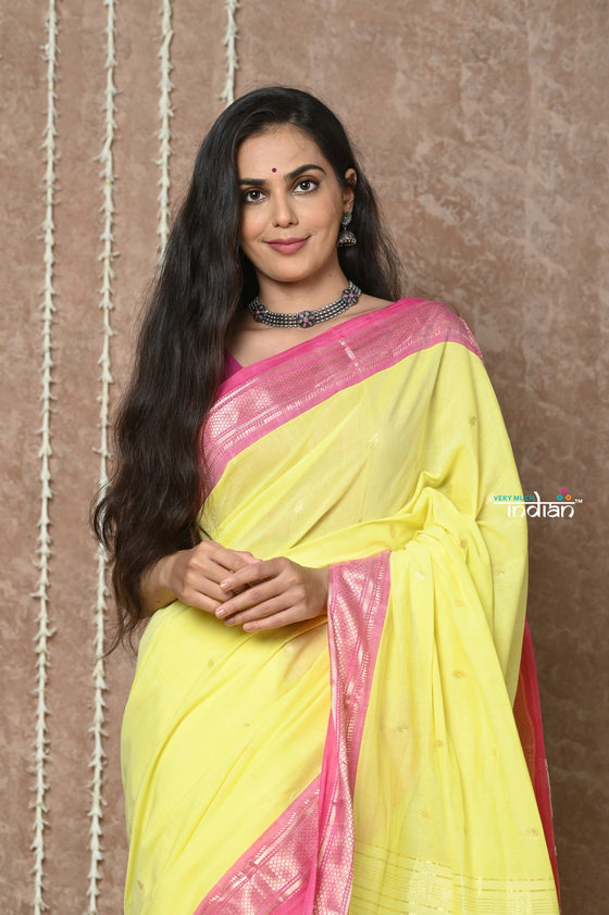 Tyohaar ~ Handloom Pure Cotton Paithani Saree with Traditional Parrot Pallu ~ Fresh Yellow