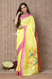  Tyohaar ~ Handloom Pure Cotton Paithani Saree with Traditional Parrot Pallu ~ Fresh Yellow