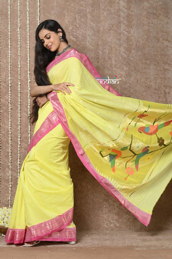 Tyohaar ~ Handloom Pure Cotton Paithani Saree with Traditional Parrot Pallu ~ Fresh Yellow