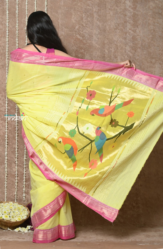 Tyohaar ~ Handloom Pure Cotton Paithani Saree with Traditional Parrot Pallu ~ Fresh Yellow