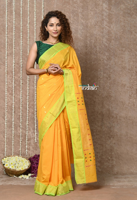 Tyohaar ~ Revival Weave! Handloom Pure Cotton Paithani Saree with Revival Asawali  Pallu ~ Sandy Yellow