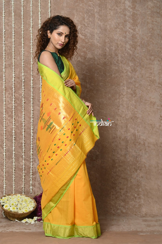 Tyohaar ~ Revival Weave! Handloom Pure Cotton Paithani Saree with Revival Asawali  Pallu ~ Sandy Yellow