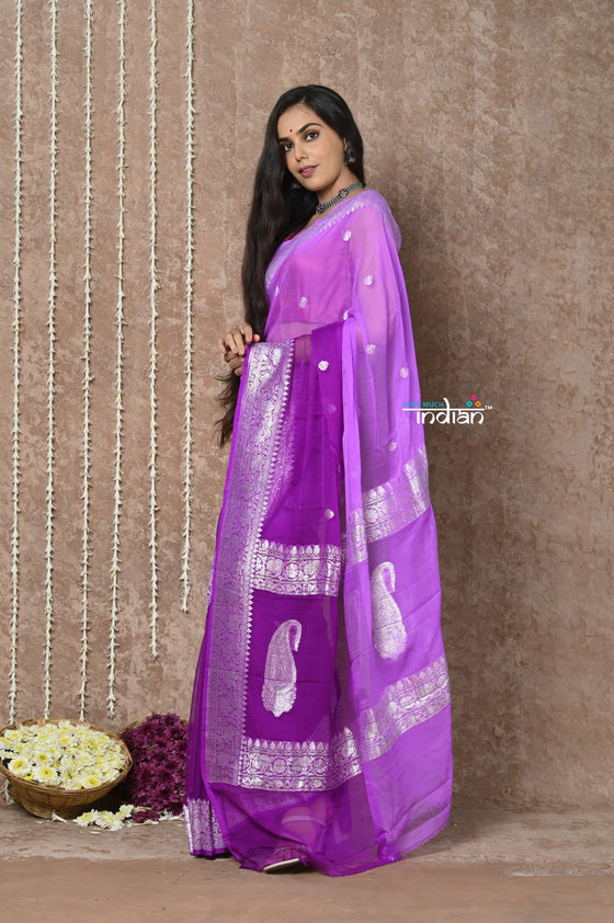 Handloom Khaddi Georgette Saree With Sleek Border ~ Ombre Lilac (Silk Mark)