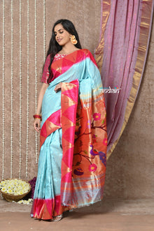  Tyohaar ~ Signature Weave! Handloom Pure Silk Paithani Saree with Exclusive Temple Border ~ Sky Blue