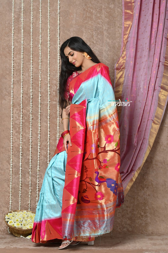 Tyohaar ~ Signature Weave! Handloom Pure Silk Paithani Saree with Exclusive Temple Border ~ Sky Blue