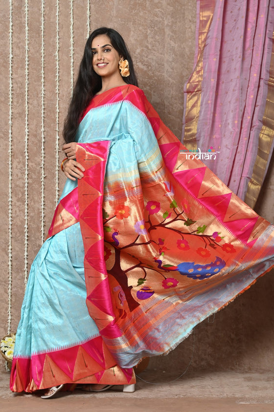 Tyohaar ~ Signature Weave! Handloom Pure Silk Paithani Saree with Exclusive Temple Border ~ Sky Blue