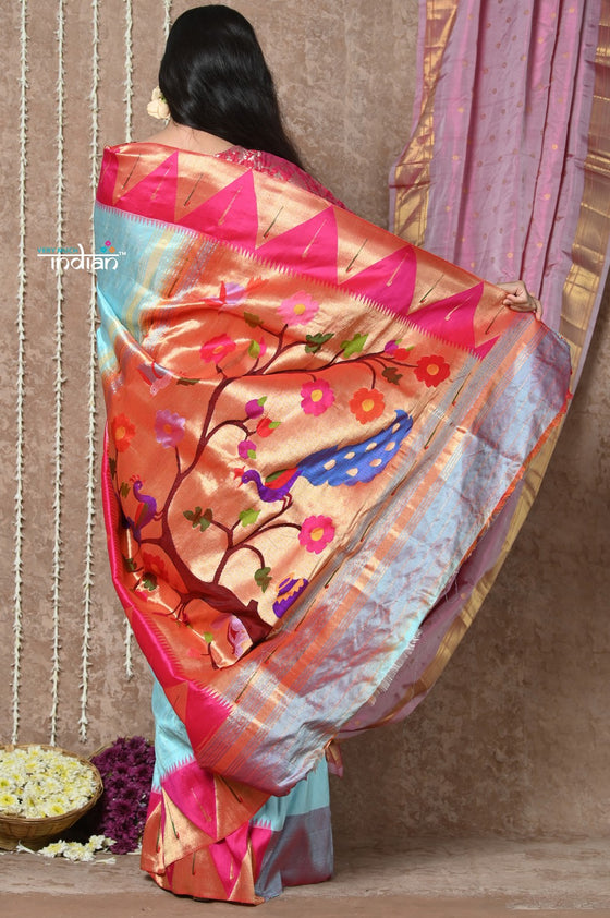 Tyohaar ~ Signature Weave! Handloom Pure Silk Paithani Saree with Exclusive Temple Border ~ Sky Blue