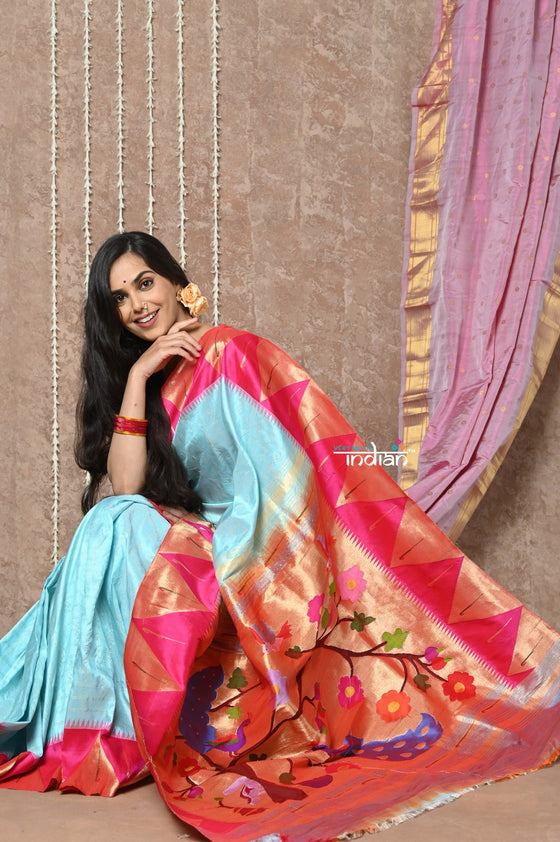 Tyohaar ~ Signature Weave! Handloom Pure Silk Paithani Saree with Exclusive Temple Border ~ Sky Blue