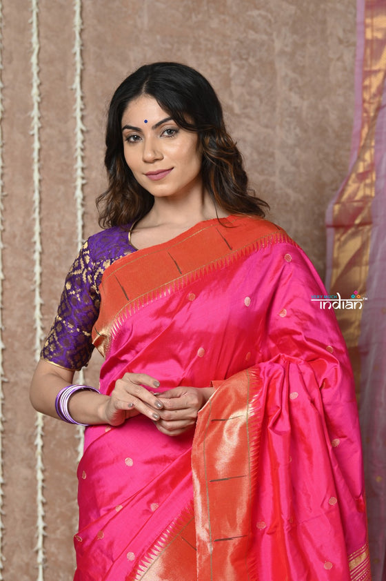 Tyohaar ~ Handloom Pure Silk Muniya Border Paithani Saree with Traditional Double Pallu ~ Peach Pink