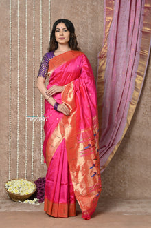  Tyohaar ~ Handloom Pure Silk Muniya Border Paithani Saree with Traditional Double Pallu ~ Peach Pink