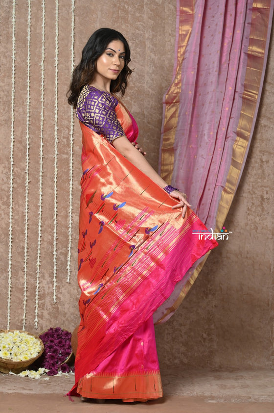 Tyohaar ~ Handloom Pure Silk Muniya Border Paithani Saree with Traditional Double Pallu ~ Peach Pink