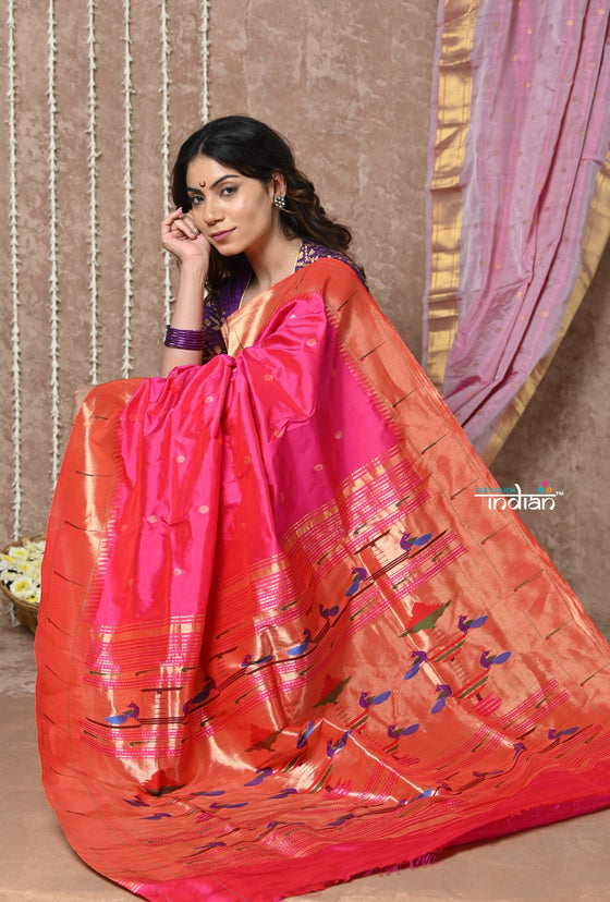 Tyohaar ~ Handloom Pure Silk Muniya Border Paithani Saree with Traditional Double Pallu ~ Peach Pink