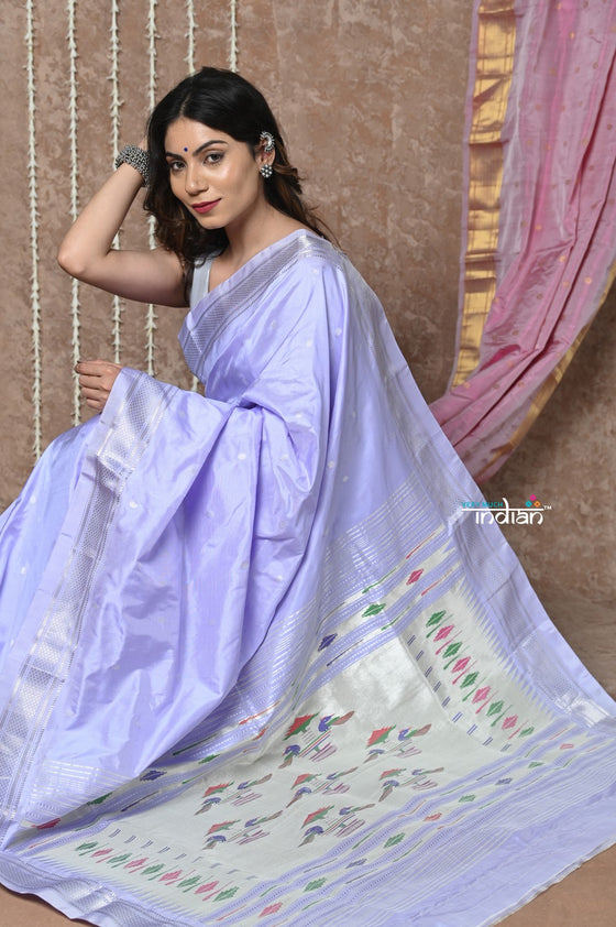 Tyohaar ~ Handloom Pure Silk Paithani Saree with Handcrafted Traditional Double Pallu ~ Lilac