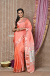 Tyohaar ~ Handloom Pure Silk Paithani Saree with Handcrafted Traditional Double Pallu ~ Peach (By Government Certified Weavers)