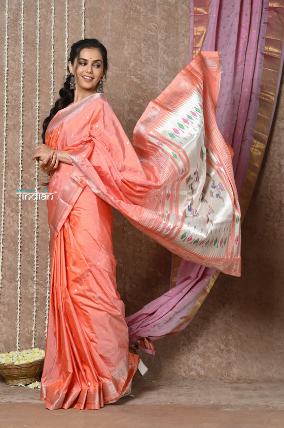 Tyohaar ~ Handloom Pure Silk Paithani Saree with Handcrafted Traditional Double Pallu ~ Peach (By Government Certified Weavers)